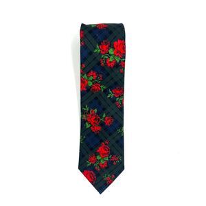 Bar III Men's Green Tartan Plaid Floral Slim Tie
